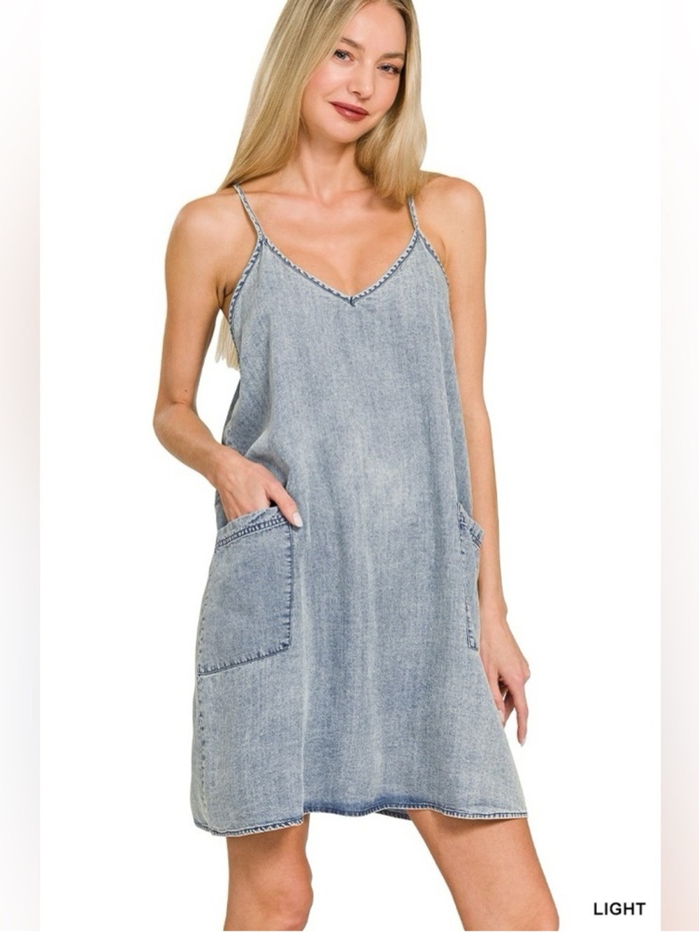 A Classy Chic Boutique Light Wash Denim Slip Dress with Pockets